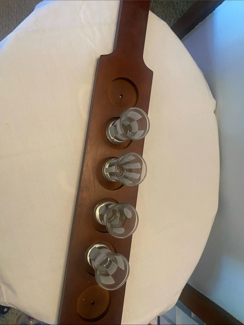 Wooden Shot Glass Rack with four Etched Glasses
